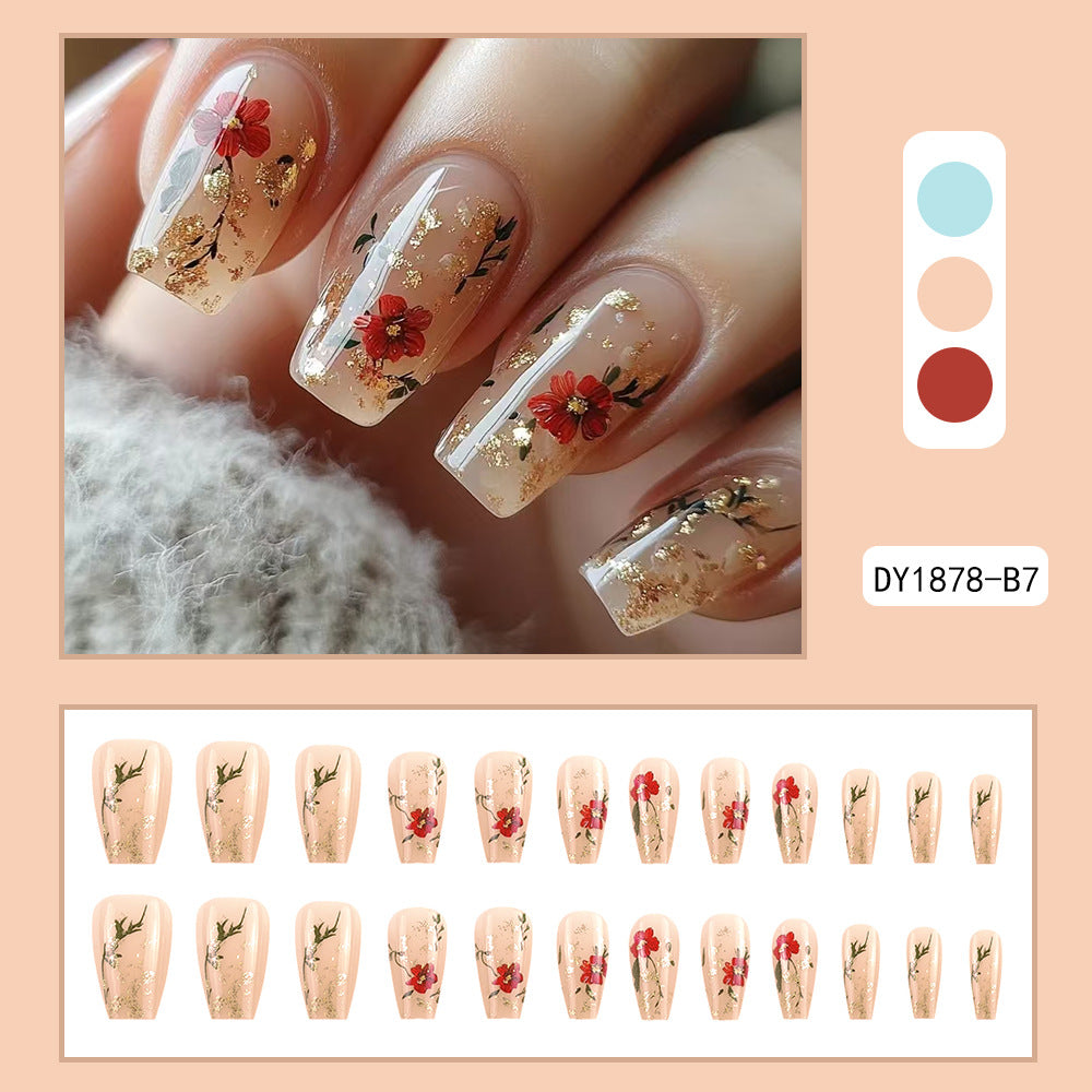 Faux Ongles Paillettes Dorées Roses Rouges - BMYANY