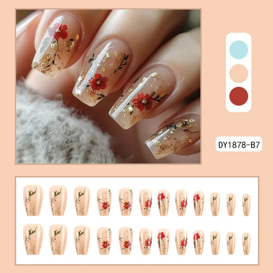 Faux Ongles Paillettes Dorées Roses Rouges - BMYANY