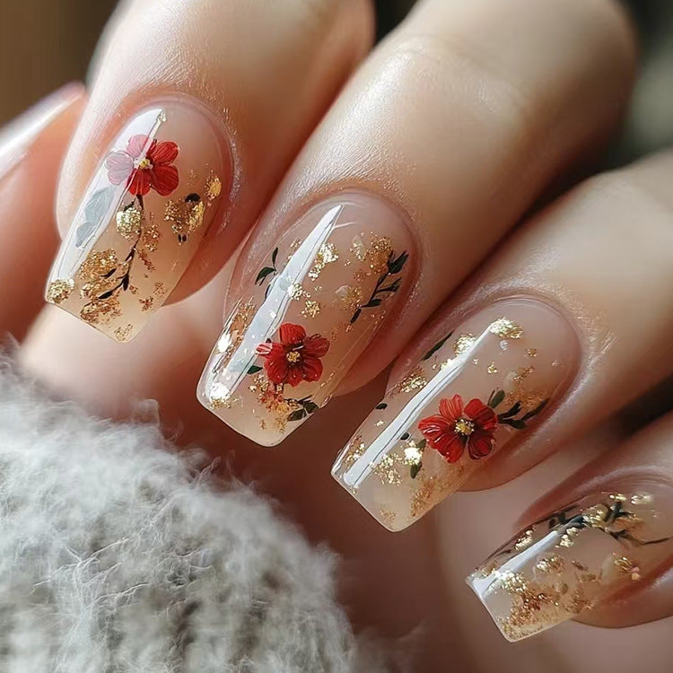 Faux Ongles Paillettes Dorées Roses Rouges - BMYANY