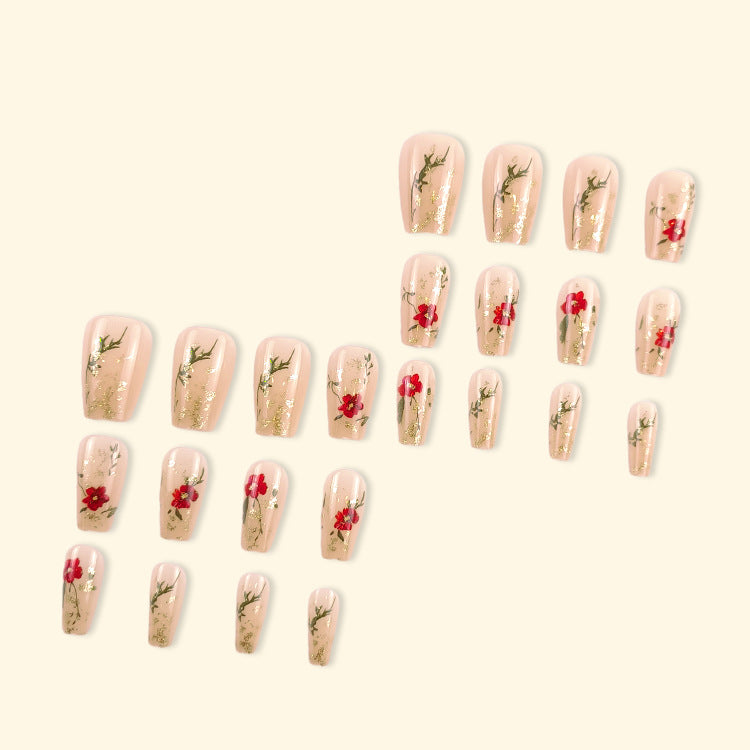 Faux Ongles Paillettes Dorées Roses Rouges - BMYANY