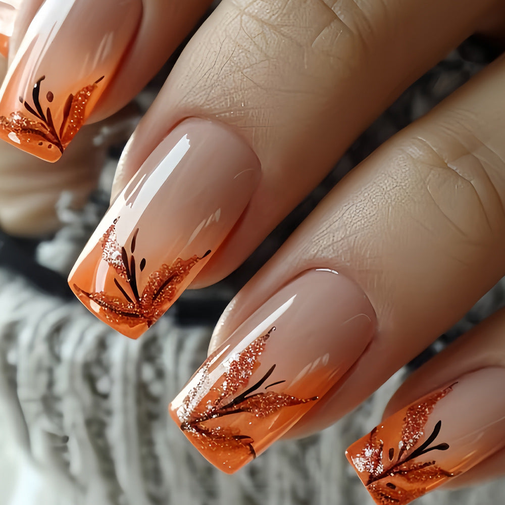 Faux Ongles dégradé Rouge-Marron Motif Feuilles Ensemble français - BMYANY