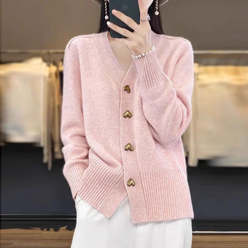 Gilet cardigan ample en maille avec boucle en forme de cœur pour femme - BMYANY