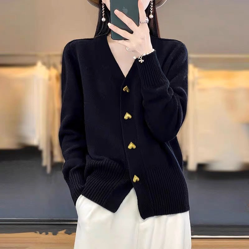 Gilet cardigan ample en maille avec boucle en forme de cœur pour femme - BMYANY