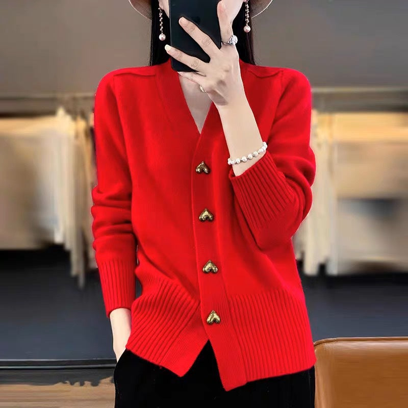 Gilet cardigan ample en maille avec boucle en forme de cœur pour femme - BMYANY