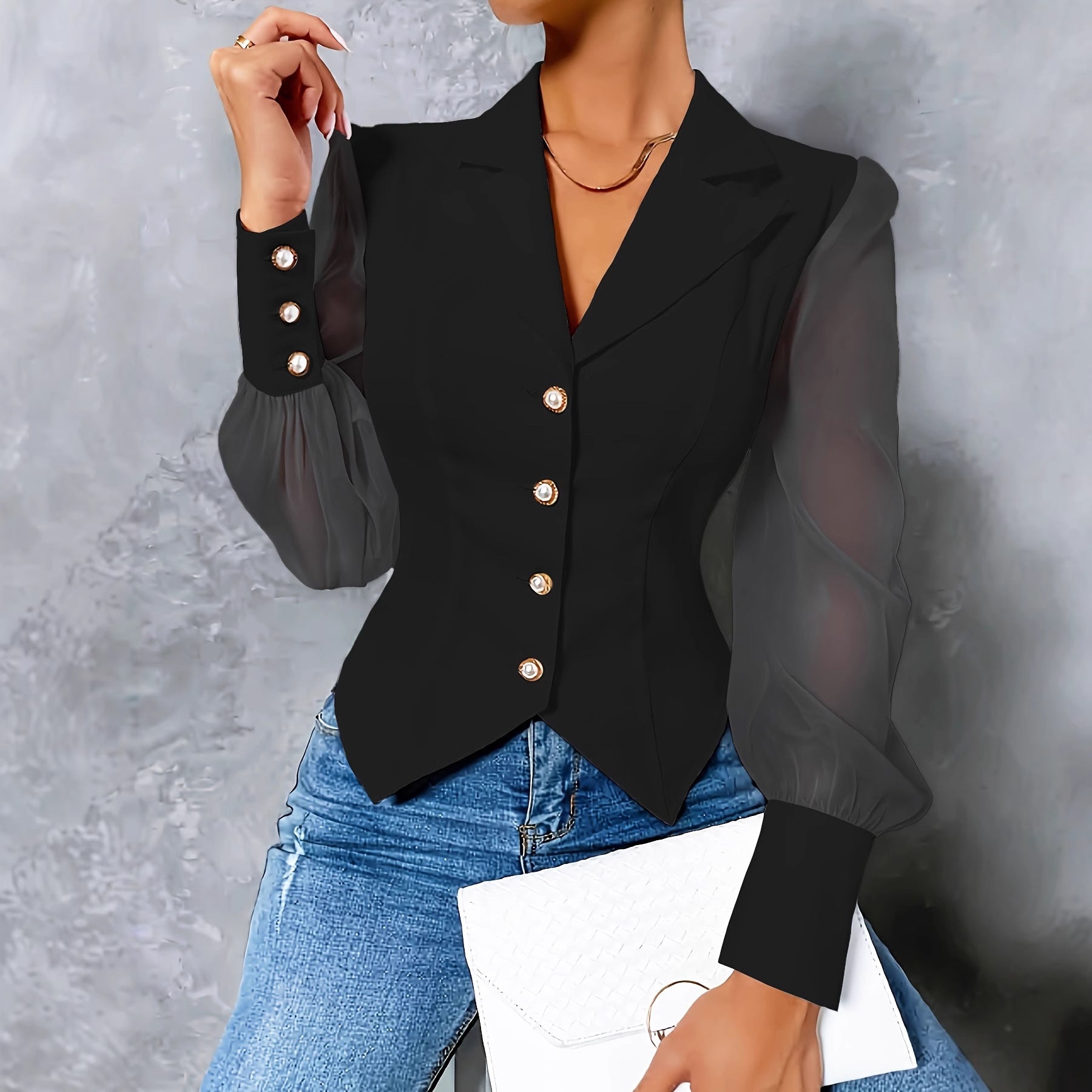 Haut Ajusté Femmes Manches Résille Boutonnage Simple avec Doublure - BMYANY