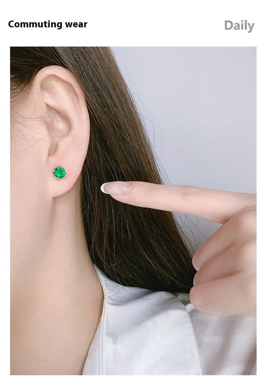 High-grade S925 Sterling Silver Screw Stud Earrings Emerald Zircon - BMYANY