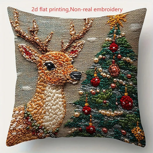 Housse Coussin Noël Lin - Décoration Canapé Renne Lapin Festif - BMYANY