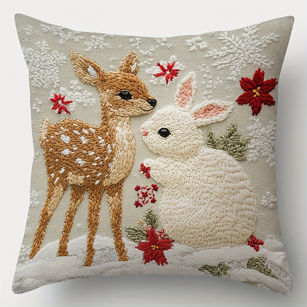 Housse Coussin Noël Lin - Décoration Canapé Renne Lapin Festif - BMYANY