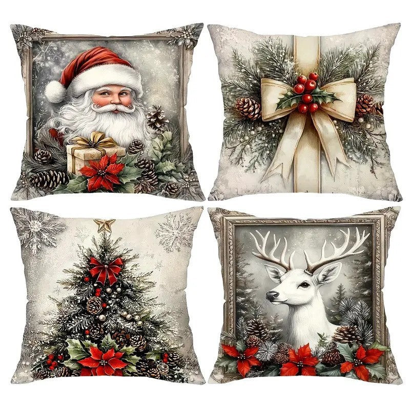 Housse Coussin Noël Lin - Décoration Canapé Renne Lapin Festif - BMYANY