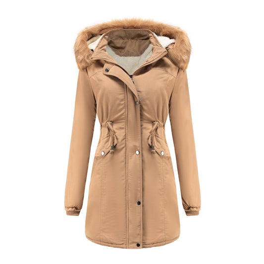 Manteau Femme Coton Velours Capuche Amovible Grand Col Fourrure - BMYANY