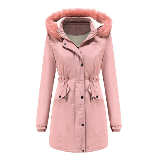 Manteau Femme Coton Velours Capuche Amovible Grand Col Fourrure - BMYANY