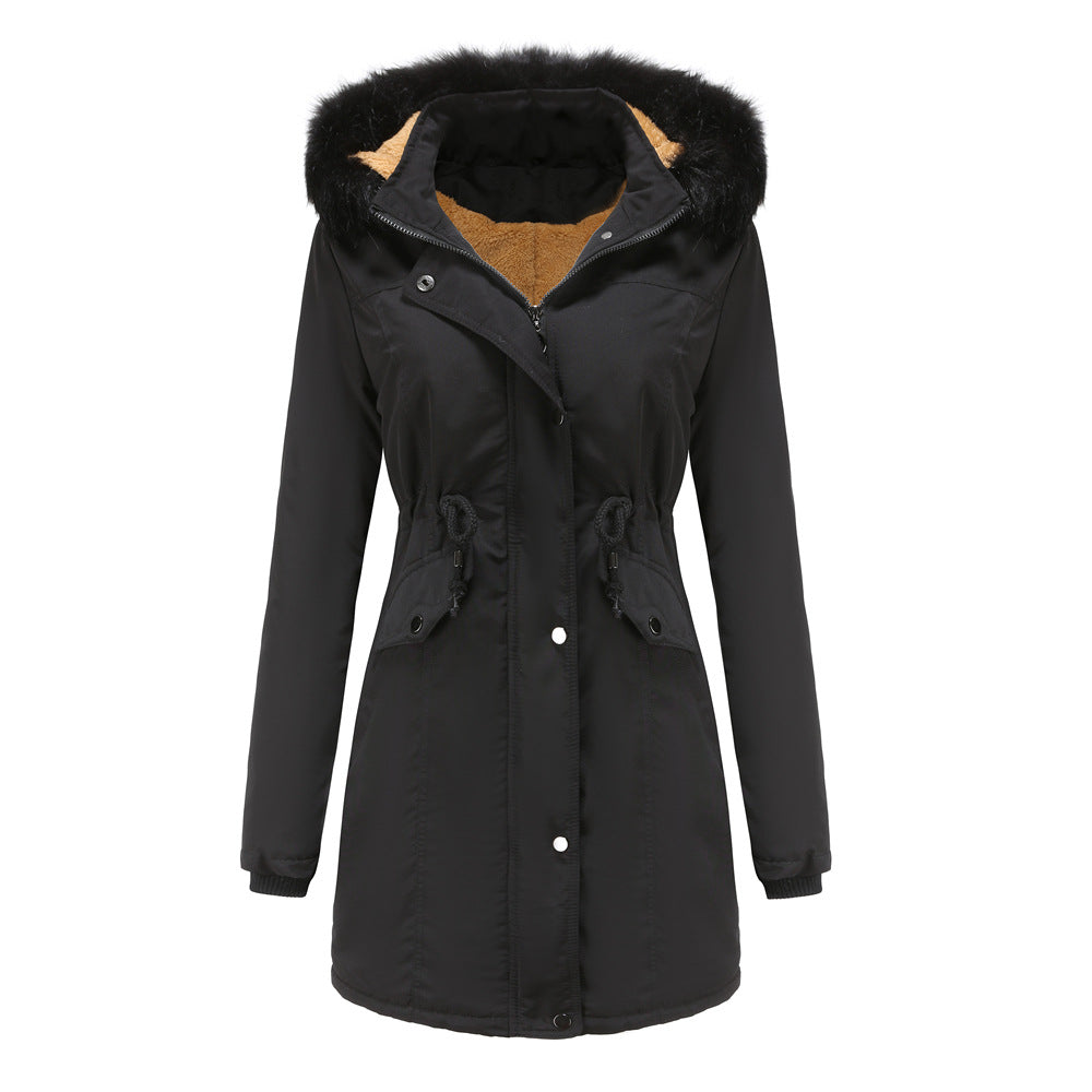 Manteau Femme Coton Velours Capuche Amovible Grand Col Fourrure - BMYANY