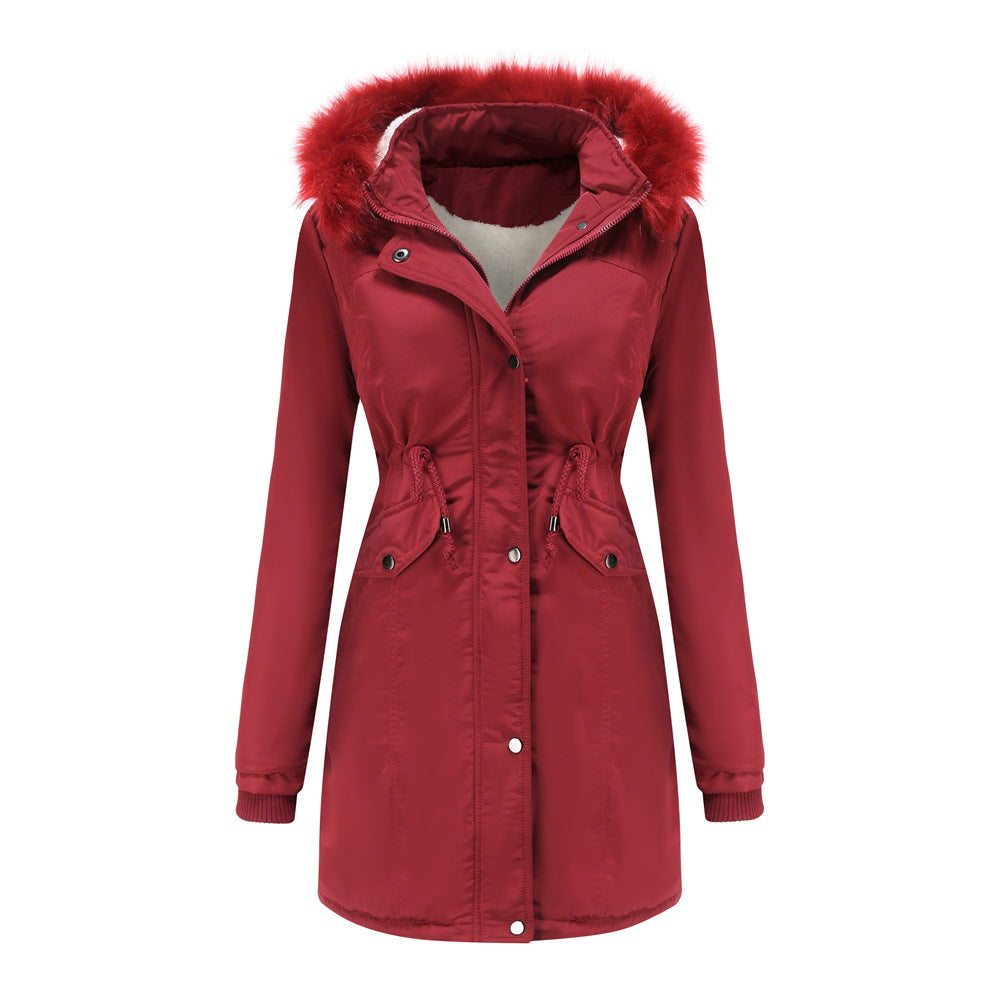 Manteau Femme Coton Velours Capuche Amovible Grand Col Fourrure - BMYANY