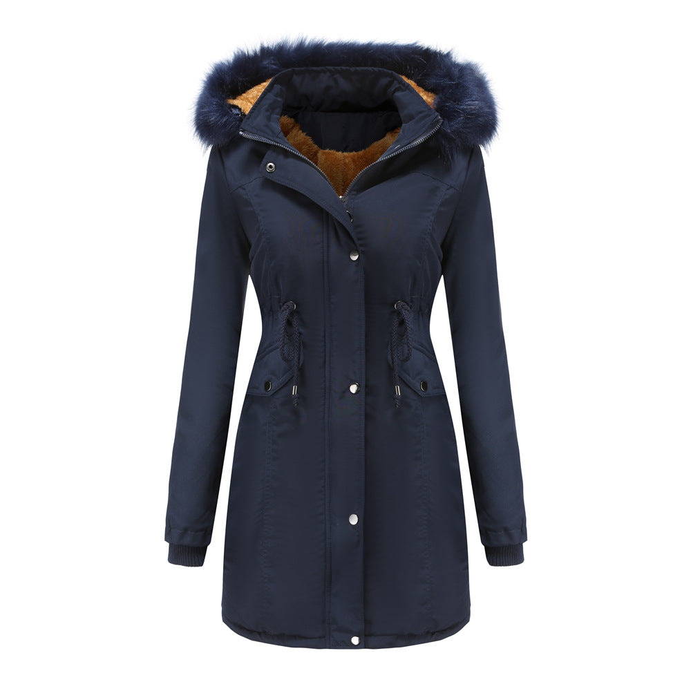 Manteau Femme Coton Velours Capuche Amovible Grand Col Fourrure - BMYANY