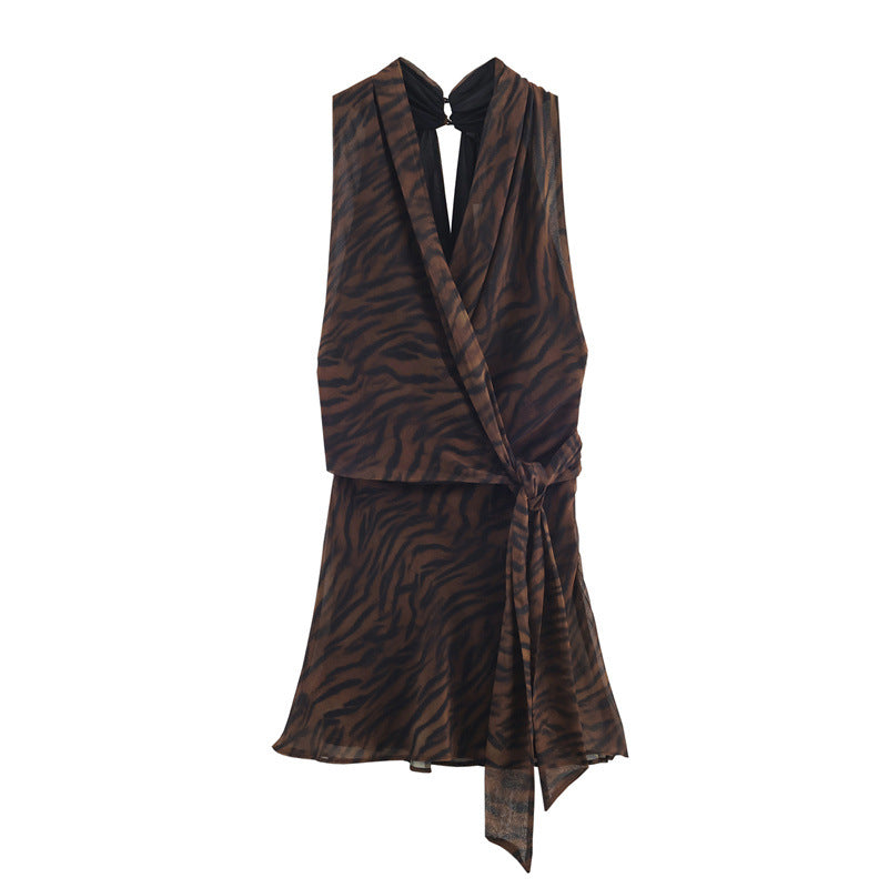 Mini Robe Femme imprimé Animal Croisée Plissée Sans Manches - BMYANY
