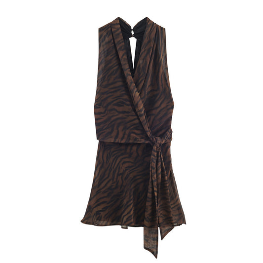 Mini Robe Femme imprimé Animal Croisée Plissée Sans Manches - BMYANY