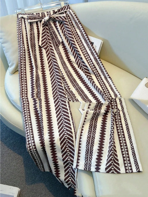Pantalon  Court Rayé Jambes Larges  Femmes Coupe Ajustée avec Cordon - BMYANY