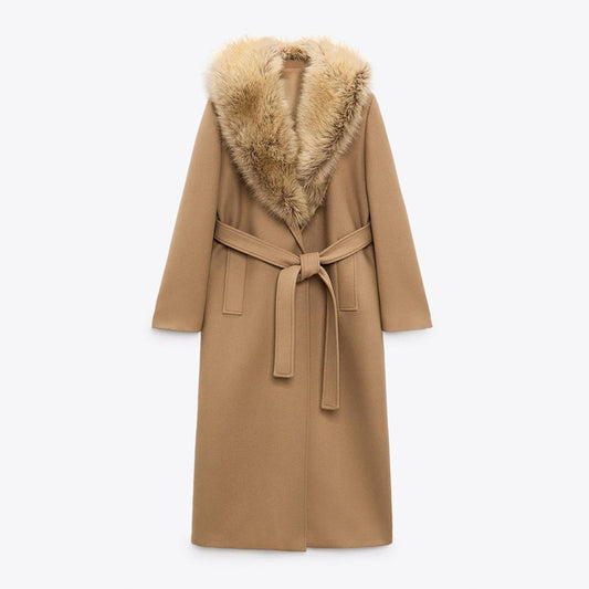 Pardessus Long en Laine pour Femme avec Col en Fourrure - BMYANY