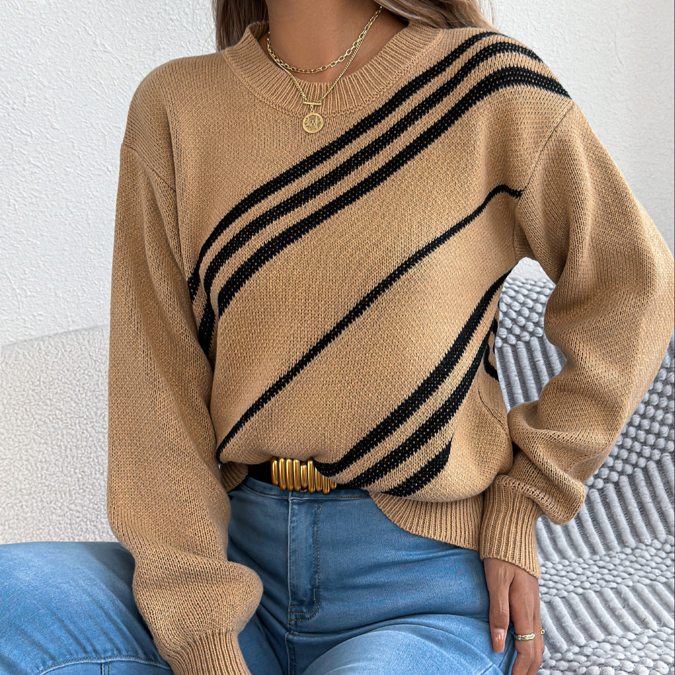 Pull Femme Casual Rayé Col Rond Manches Longues Bouffantes - BMYANY