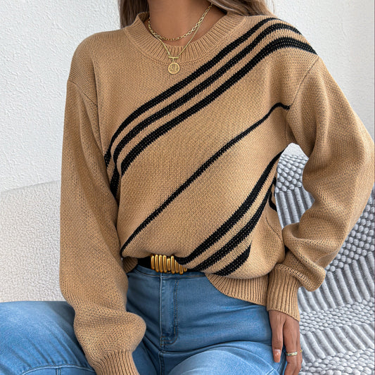 Pull Femme Casual Rayé Col Rond Manches Longues Bouffantes - BMYANY