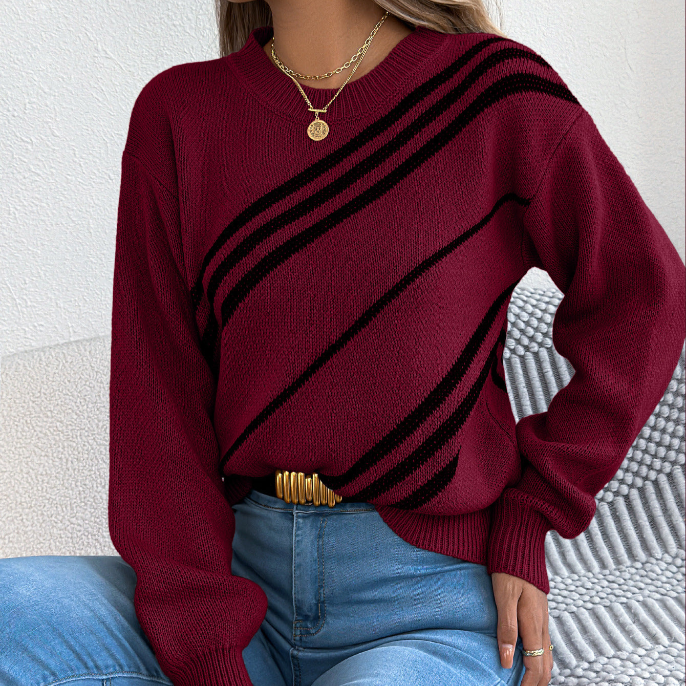 Pull Femme Casual Rayé Col Rond Manches Longues Bouffantes - BMYANY