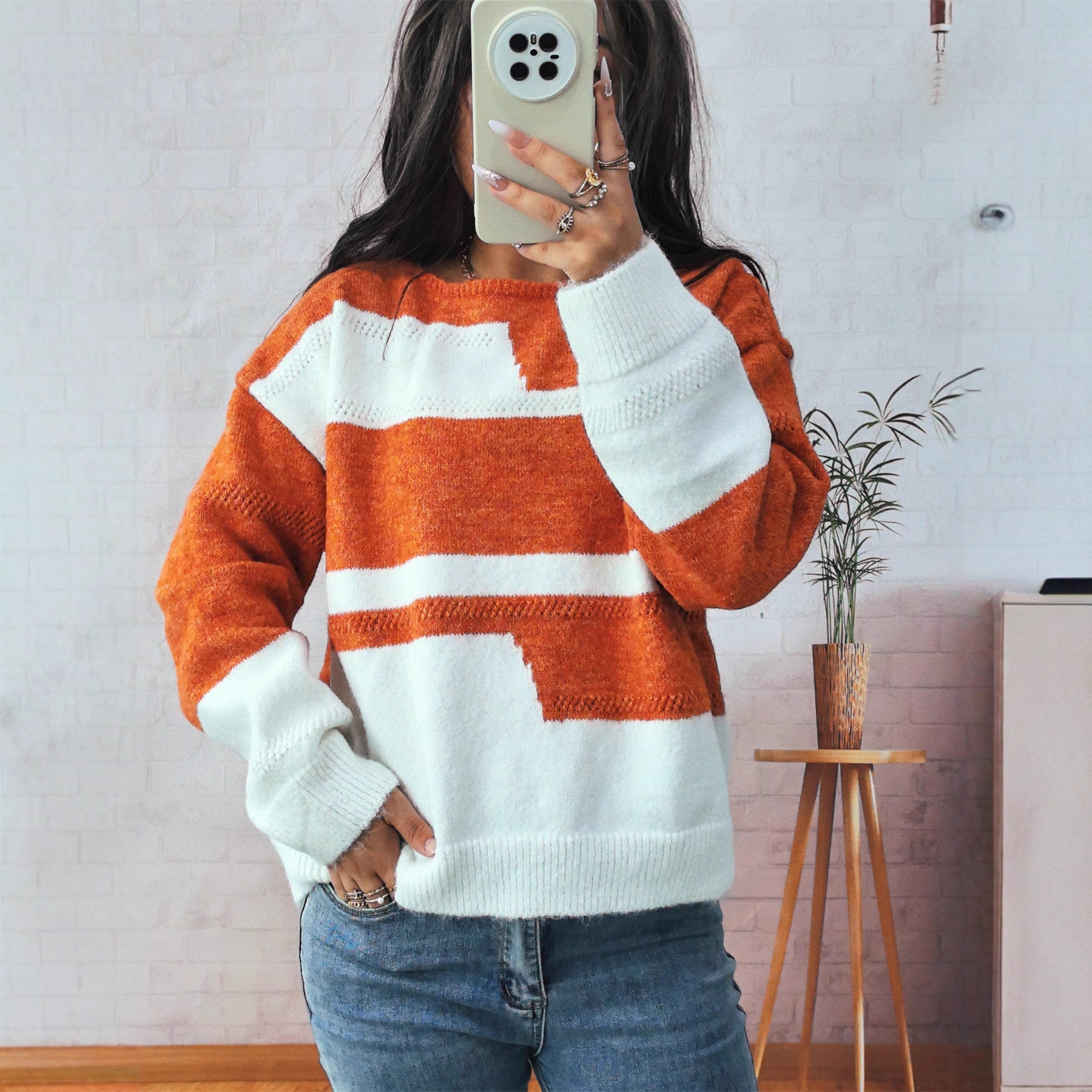 Pull Femme Col Rond Manches Longues Asymétrique Bicolore Casual - BMYANY