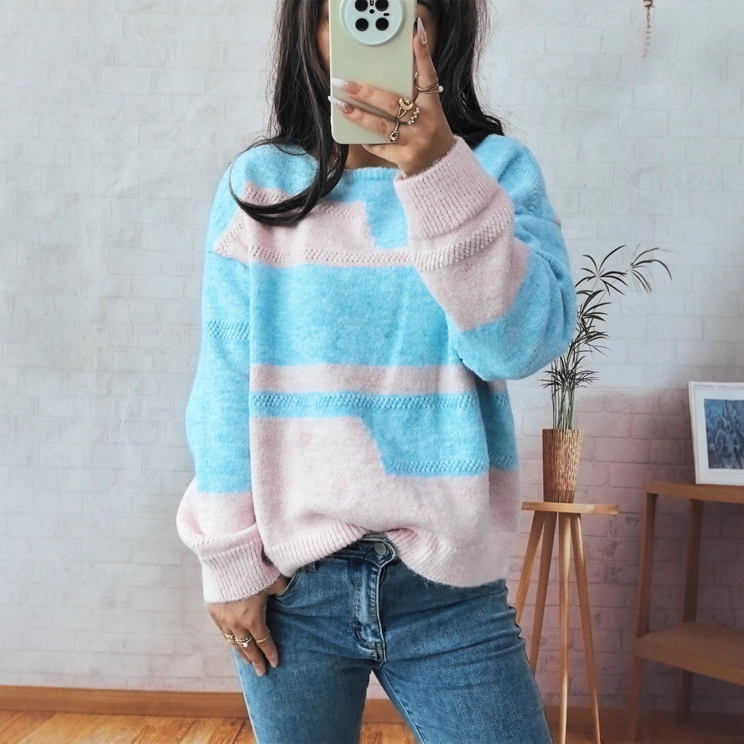 Pull Femme Col Rond Manches Longues Asymétrique Bicolore Casual - BMYANY