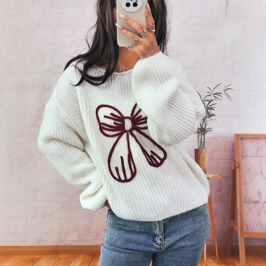 Pull Femme Tricoté Manches Longues Casual avec Nœud Brodé - BMYANY