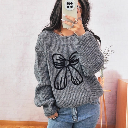 Pull Femme Tricoté Manches Longues Casual avec Nœud Brodé - BMYANY