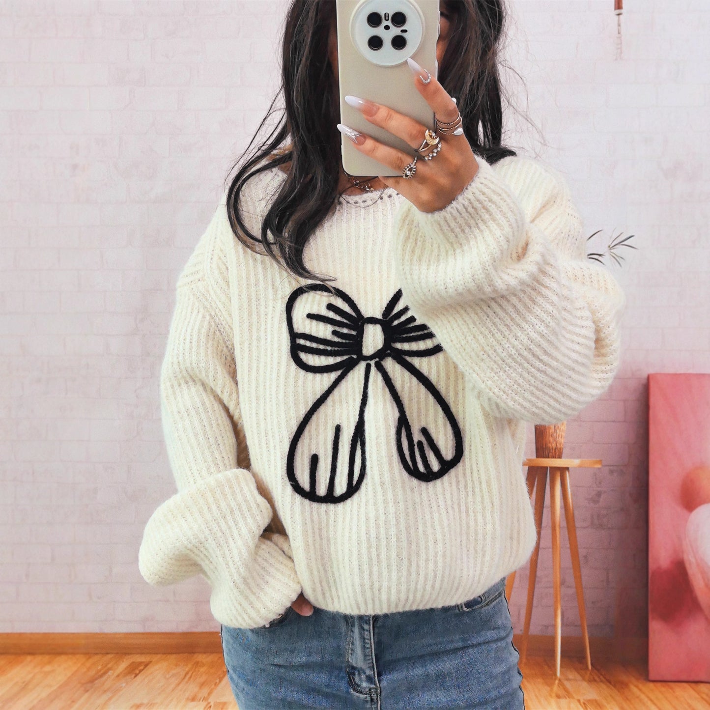 Pull Femme Tricoté Manches Longues Casual avec Nœud Brodé - BMYANY