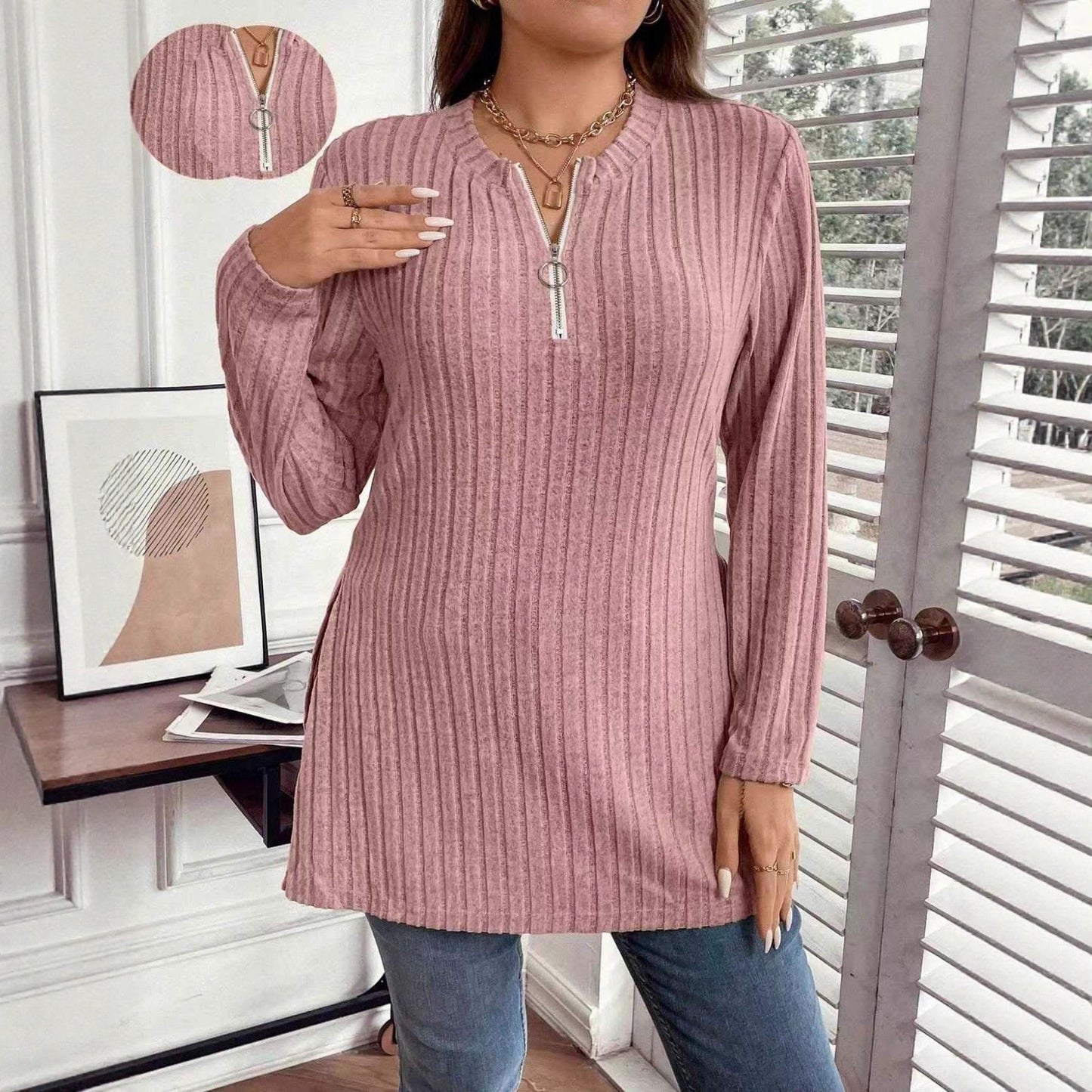 Pull Femmes Manches Longues Demi Zip Rayures Texturées - BMYANY