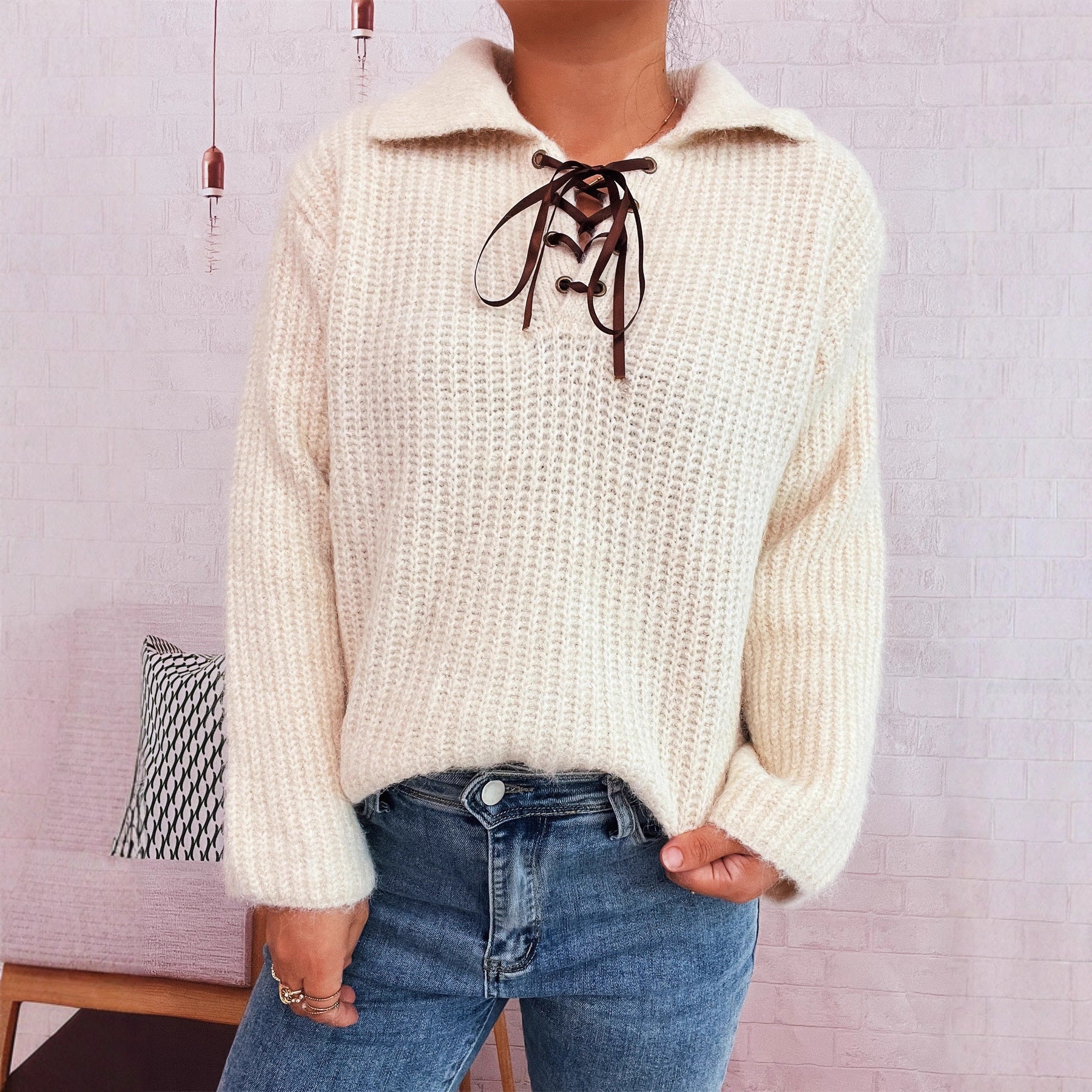 Pull Femmes simple à col châle noué en maille couleur unie ample - BMYANY