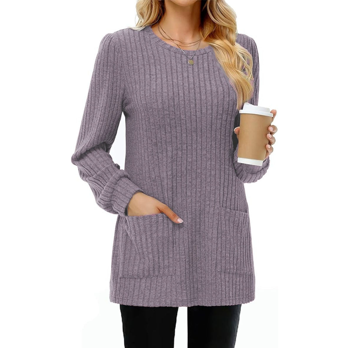 Pull Mi-long Col Rond Rayures Uni avec Poches - BMYANY