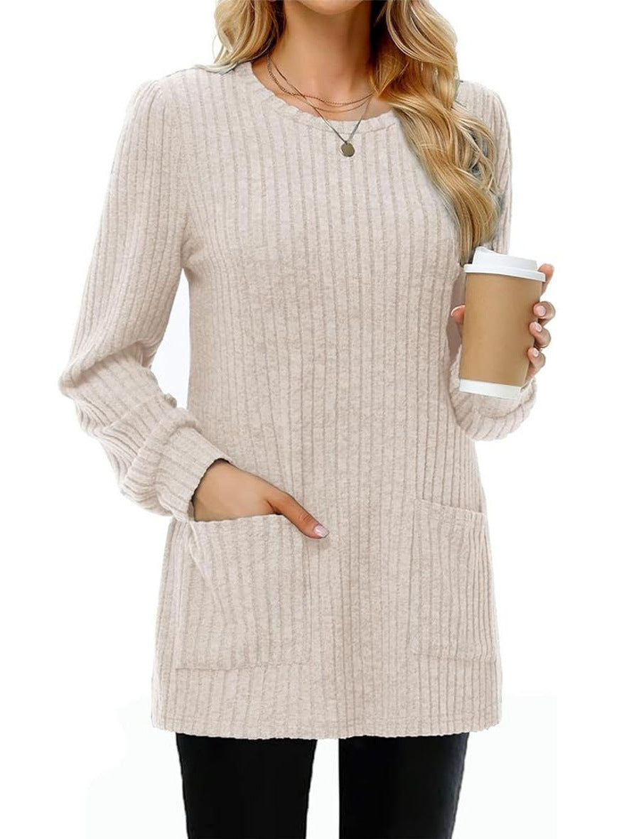Pull Mi-long Col Rond Rayures Uni avec Poches - BMYANY