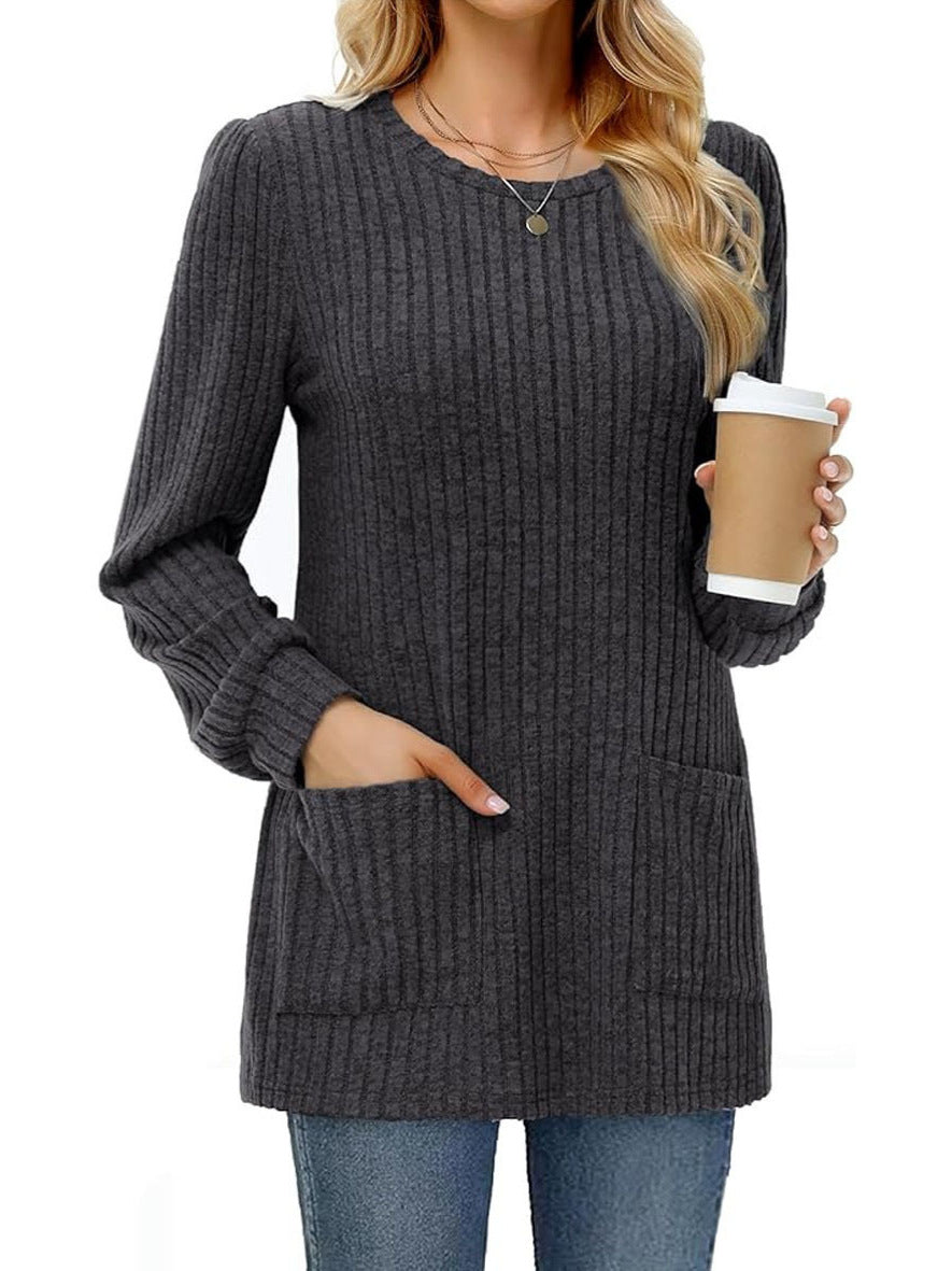 Pull Mi-long Col Rond Rayures Uni avec Poches - BMYANY