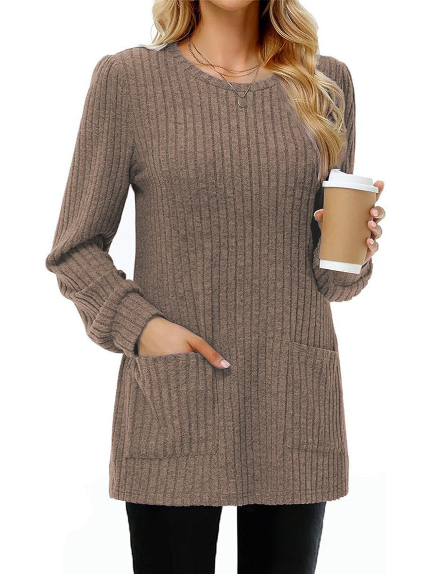 Pull Mi-long Col Rond Rayures Uni avec Poches - BMYANY