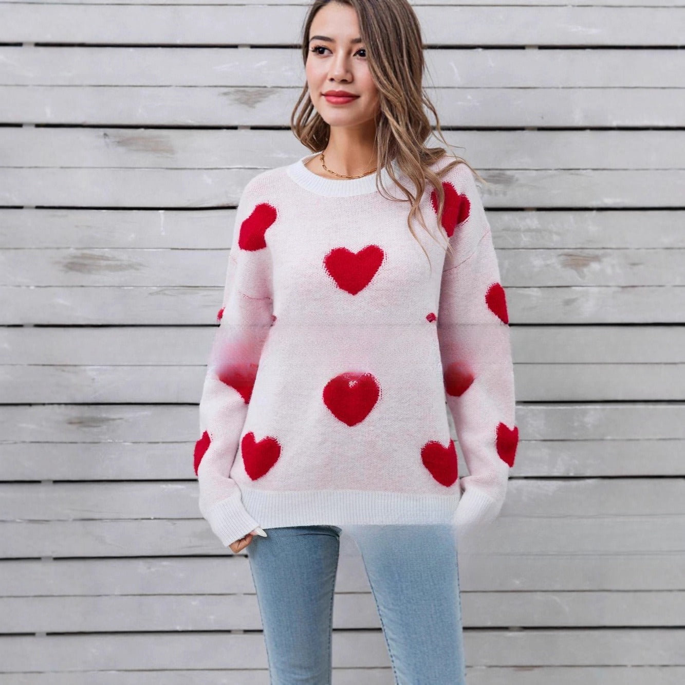 Pull Tricoté Manches Longues Motif Cœur Femme - BMYANY
