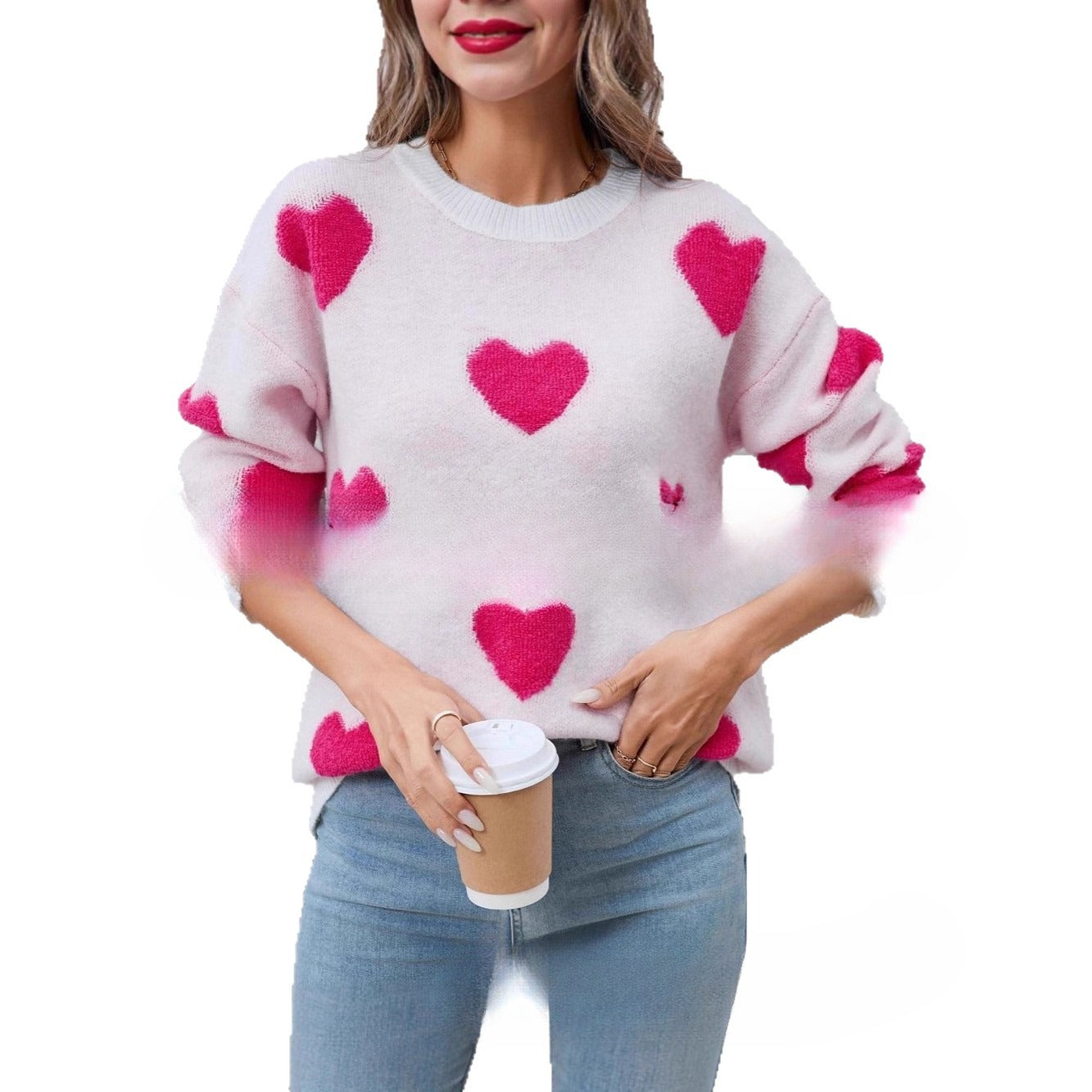 Pull Tricoté Manches Longues Motif Cœur Femme - BMYANY