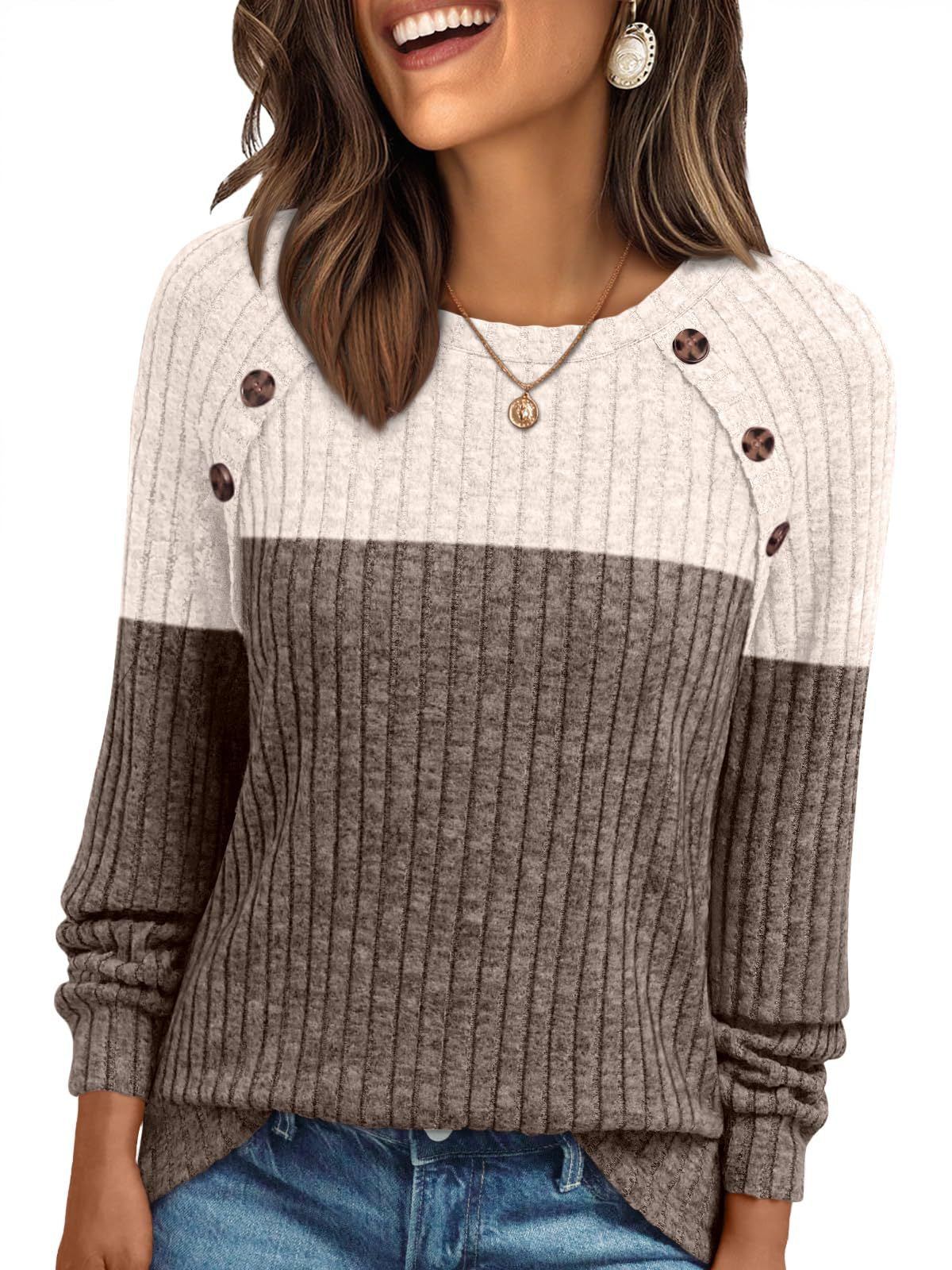 Pull femme Col rond manches longues rayures brossé confortable couleur unie - BMYANY