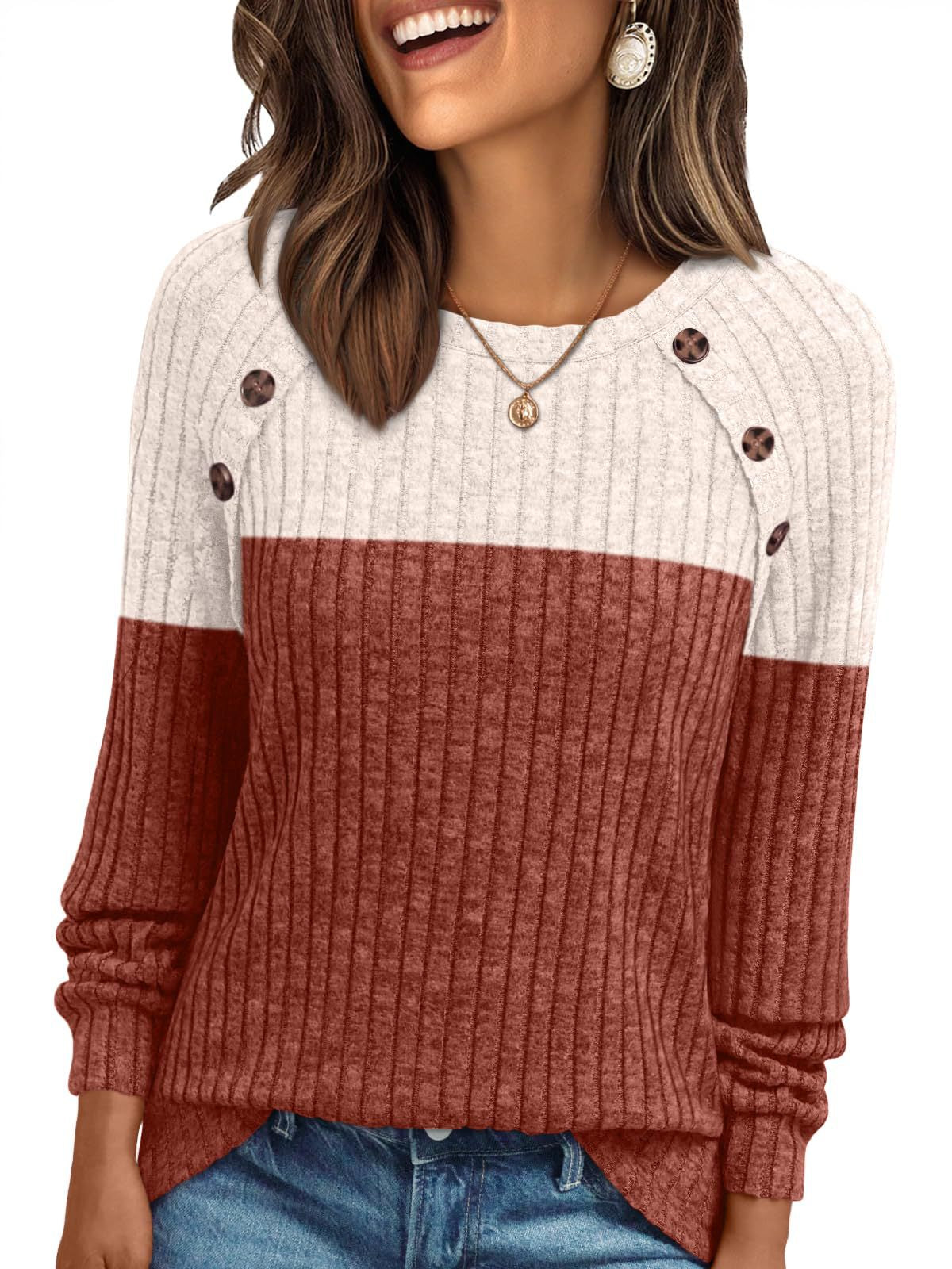 Pull femme Col rond manches longues rayures brossé confortable couleur unie - BMYANY