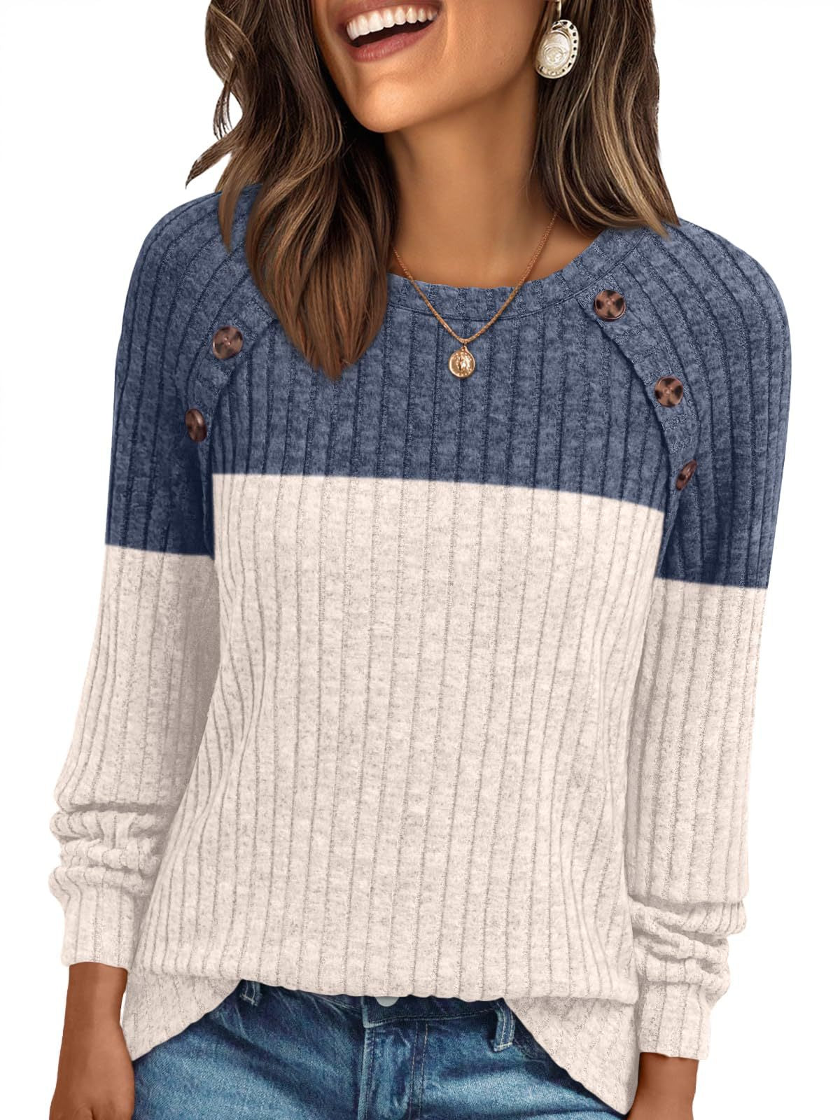 Pull femme Col rond manches longues rayures brossé confortable couleur unie - BMYANY