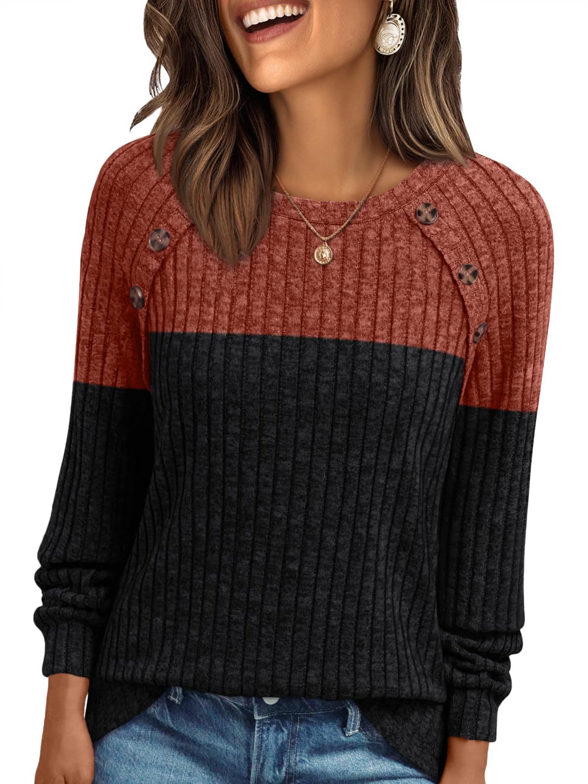 Pull femme Col rond manches longues rayures brossé confortable couleur unie - BMYANY