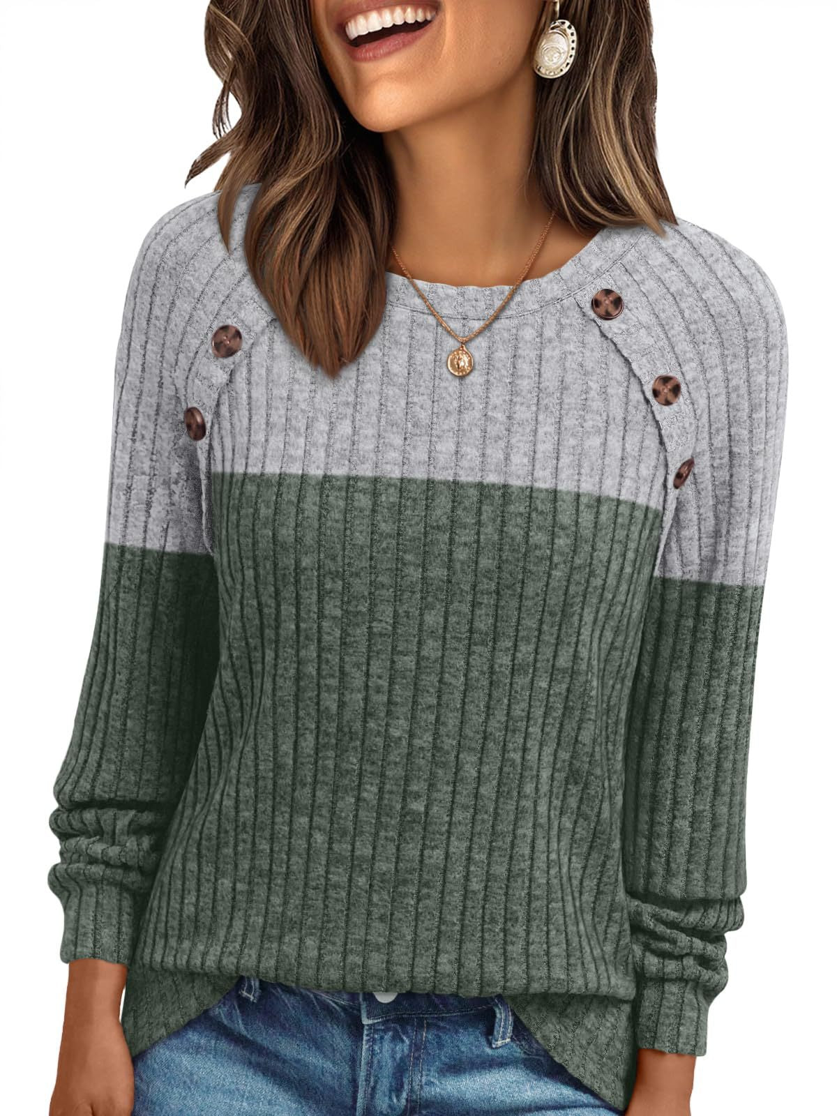 Pull femme Col rond manches longues rayures brossé confortable couleur unie - BMYANY