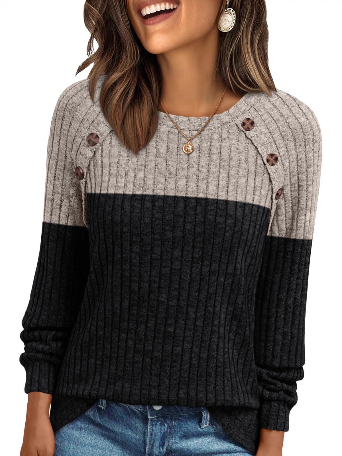 Pull femme Col rond manches longues rayures brossé confortable couleur unie - BMYANY