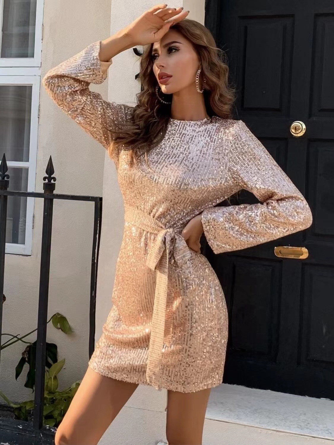 Robe De Sore Dos Nu à Paillettes et Lacets Taille Ajustée - BMYANY
