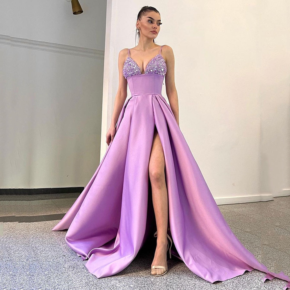 Robe Féminine à Paillettes avec Fente Profonde Décolleté V - BMYANY
