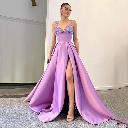 Robe Féminine à Paillettes avec Fente Profonde Décolleté V - BMYANY