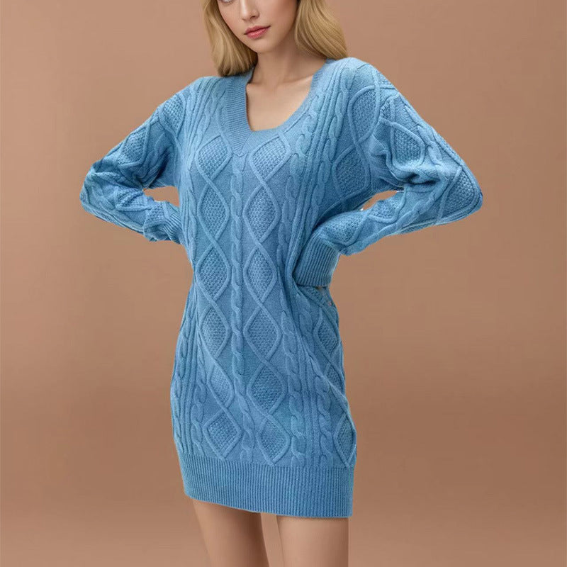 Robe Pull Tricot Col V Mi-Longue - BMYANY