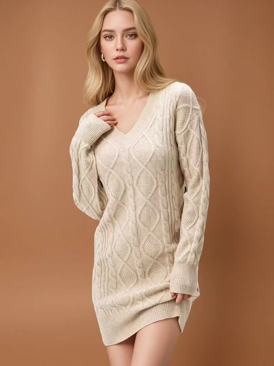 Robe Pull Tricot Col V Mi-Longue - BMYANY