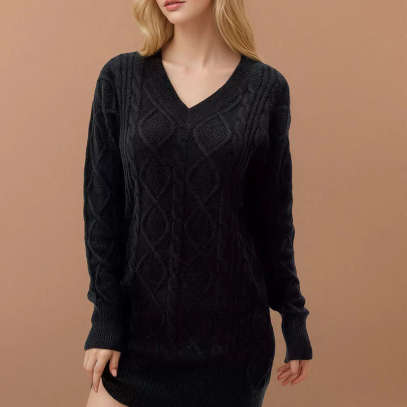 Robe Pull Tricot Col V Mi-Longue - BMYANY